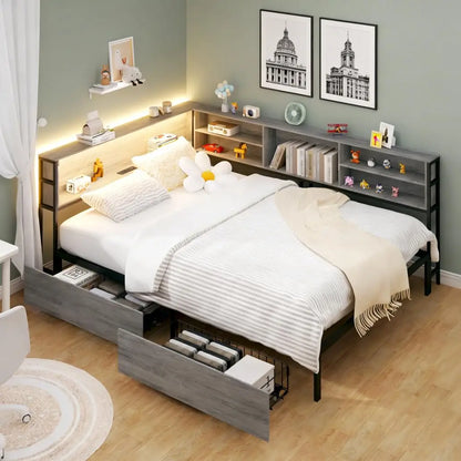 Full Size Corner Bed Frame with Storage, Charging Station, LED Lights