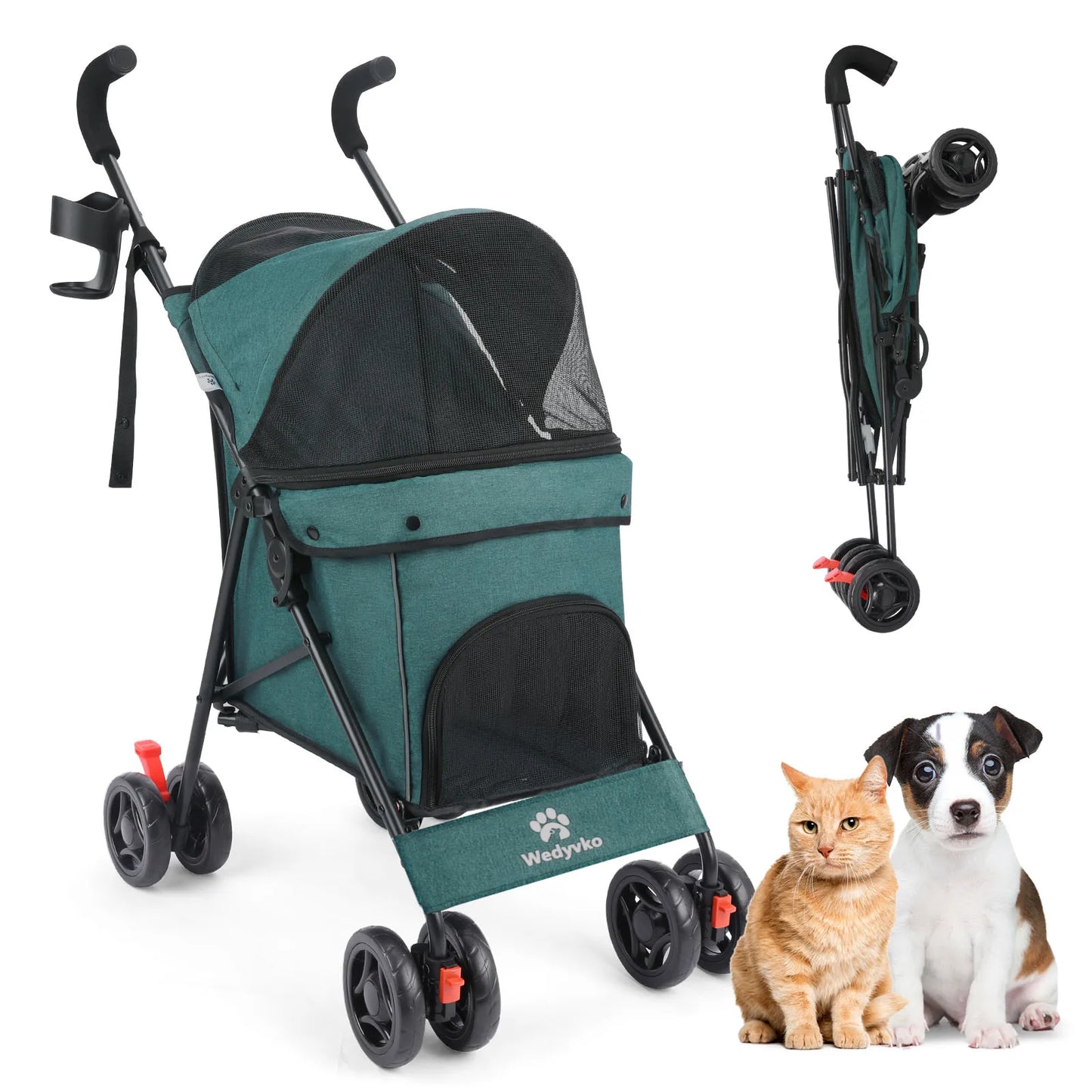 Pet Stroller 4 Wheel Stroller Rotate with Brakes & Storage