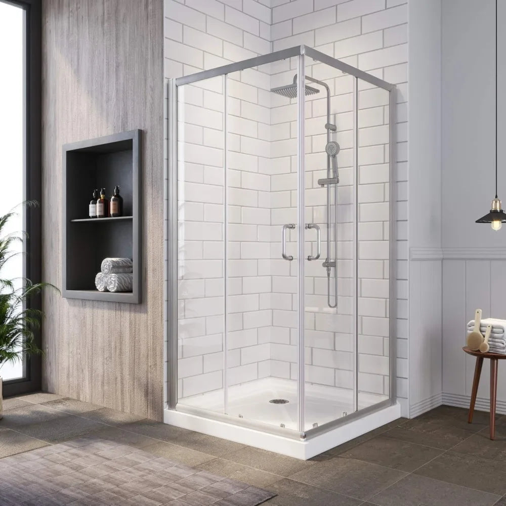 Corner Shower Enclosure w/Glass Shower Doors, Brushed Nickel