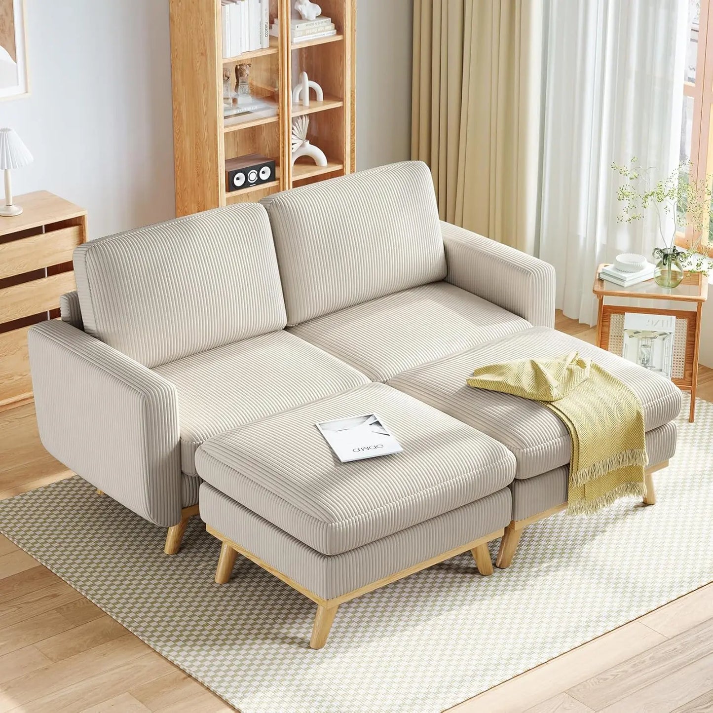 3-Seat Corduroy L-Shape Modular Sofa with Movable Ottoman,