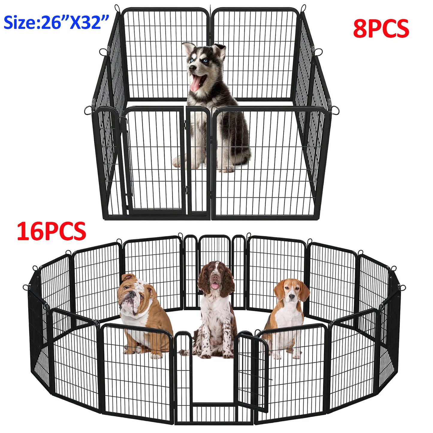 Outdoor/Indoor Foldable Metal Pet Fence w/Door, Heavy Duty