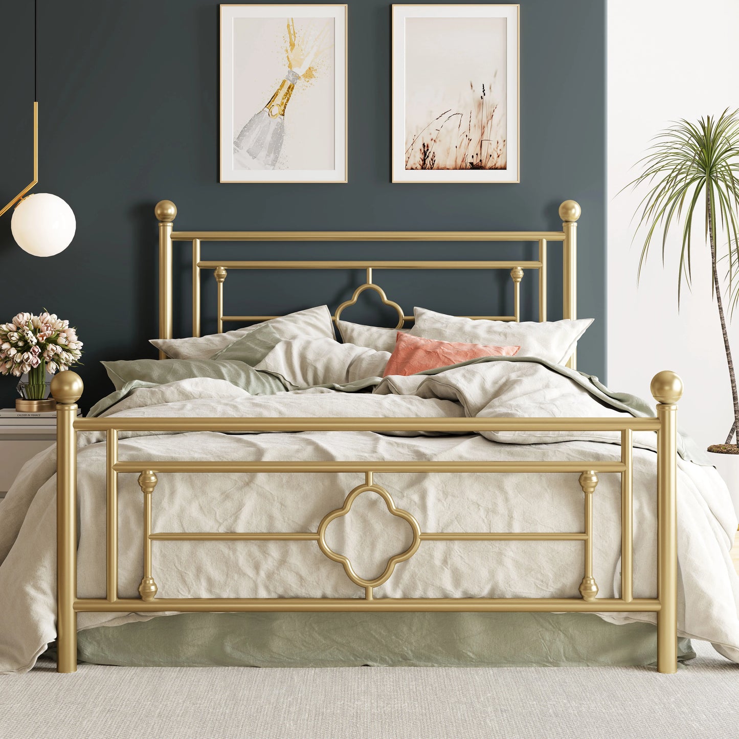 Vintage Victorian Style Metal Platform Bed Frame with Head & Footboard