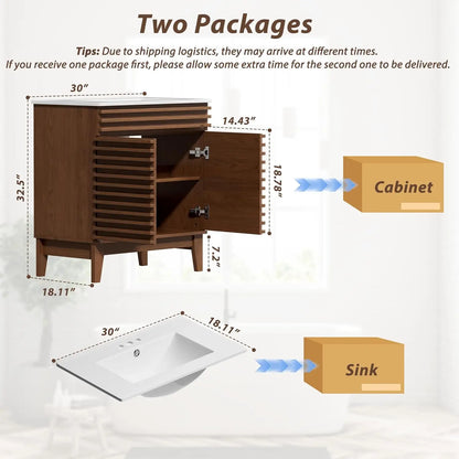 Mid-Century Freestanding Bathroom Vanity Cabinet w/Ceramic Sink & 2 Soft Closing Doors