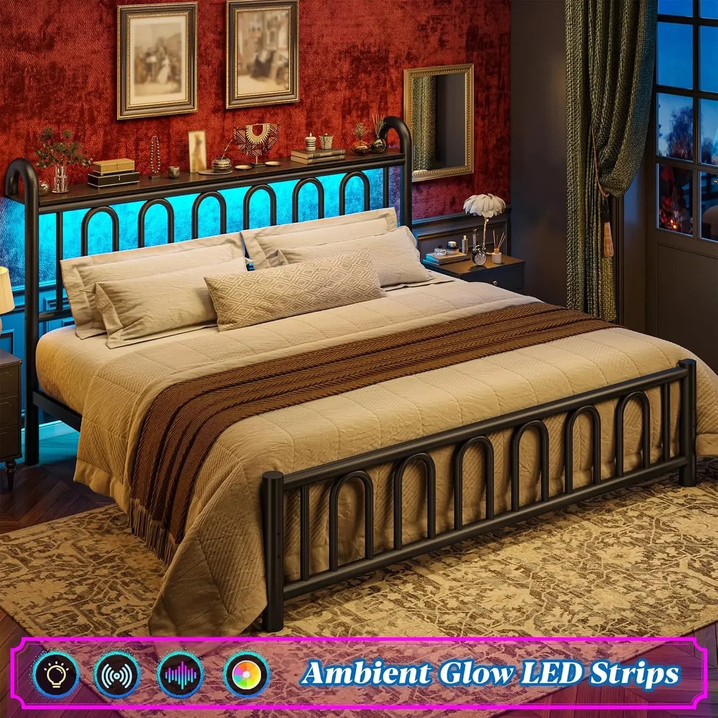 Metal Victorian Platform Bed Frame with LED Lights