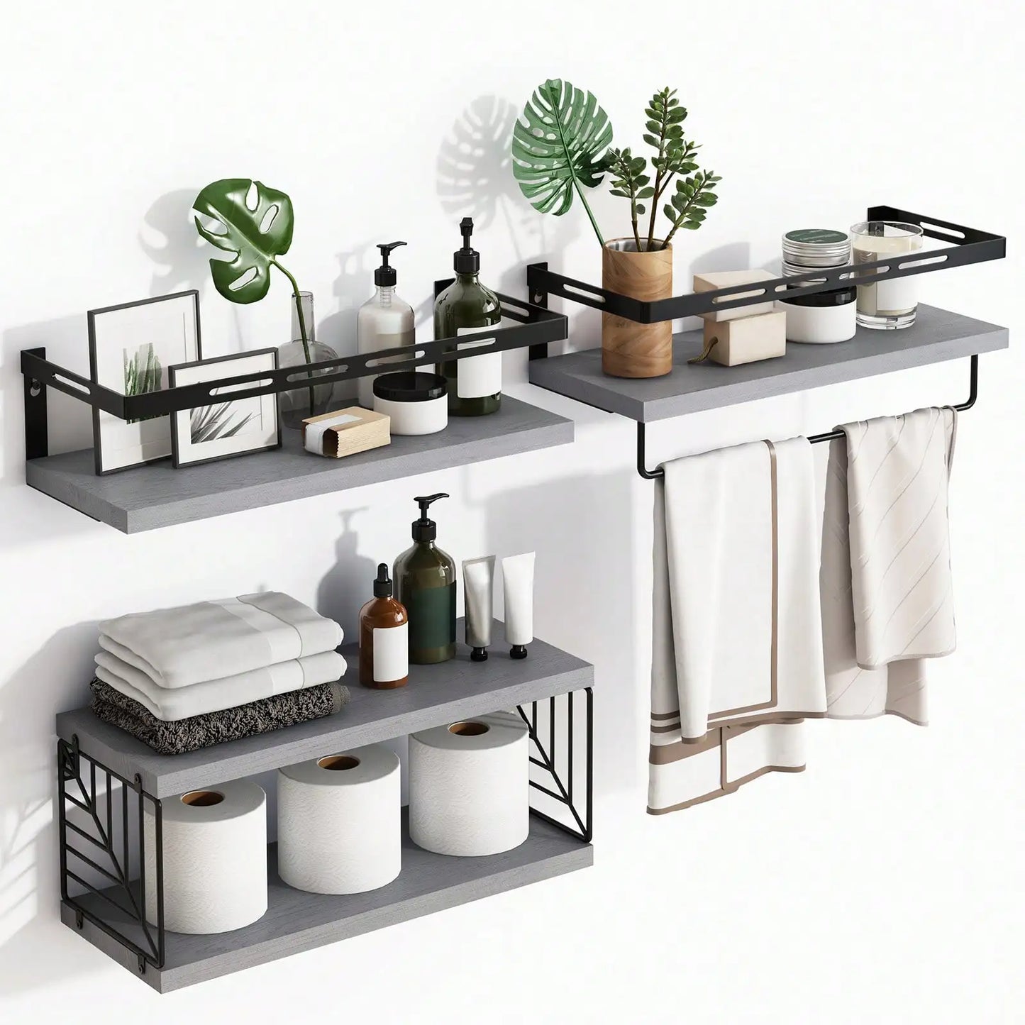Rustic Wood Floating Shelves W/Metal Frame Towel Bar