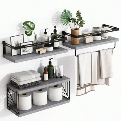 Rustic Wood Floating Shelves W/Metal Frame Towel Bar