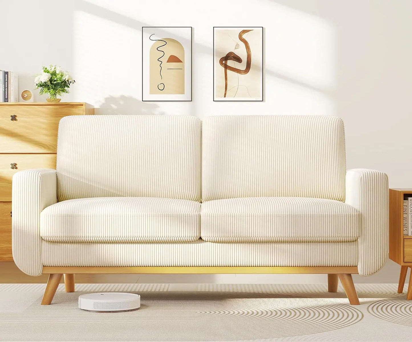 3-Seat Corduroy L-Shape Modular Sofa with Movable Ottoman,