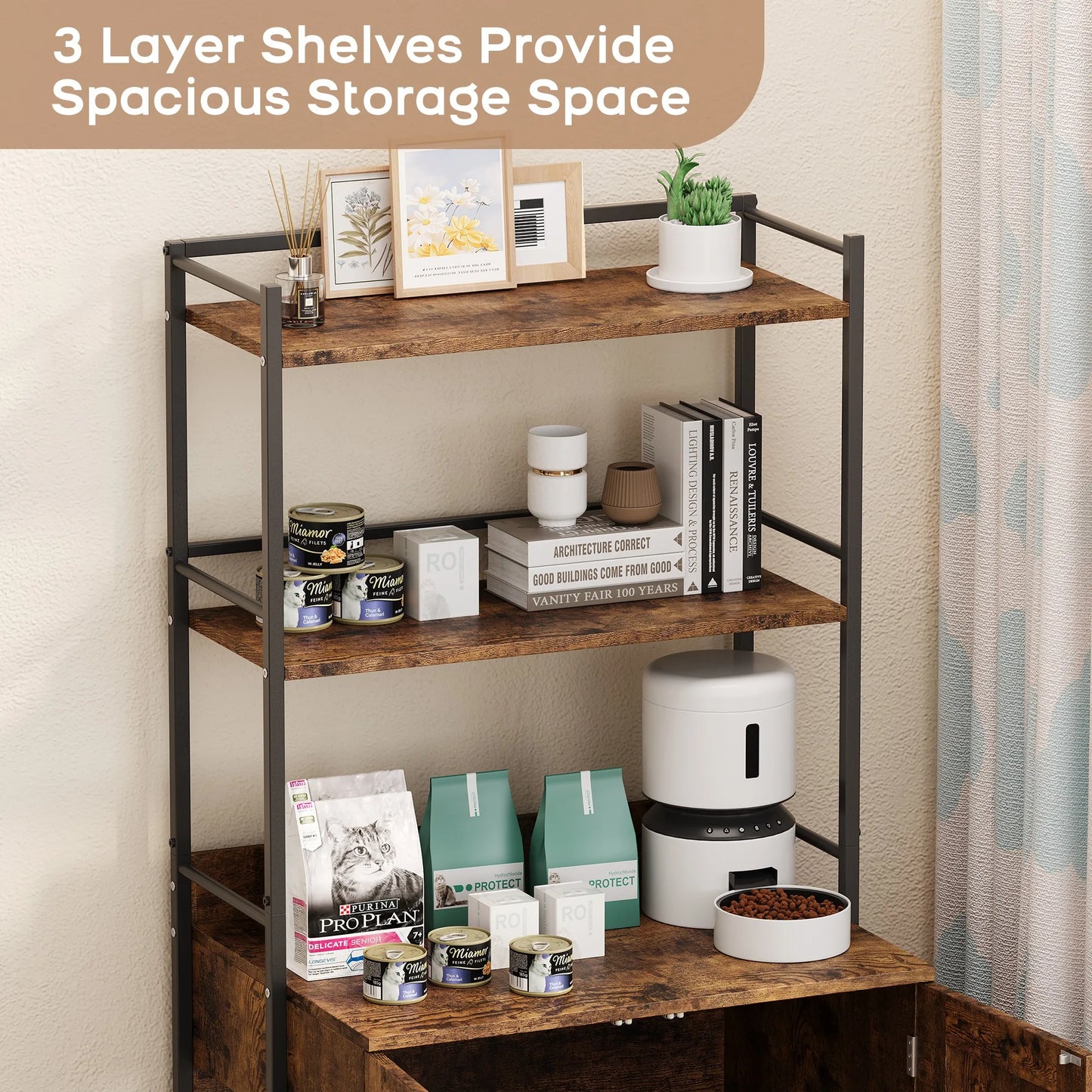 Cat Litter Box Enclosure w/2-Tier Storage Shelves & Doors