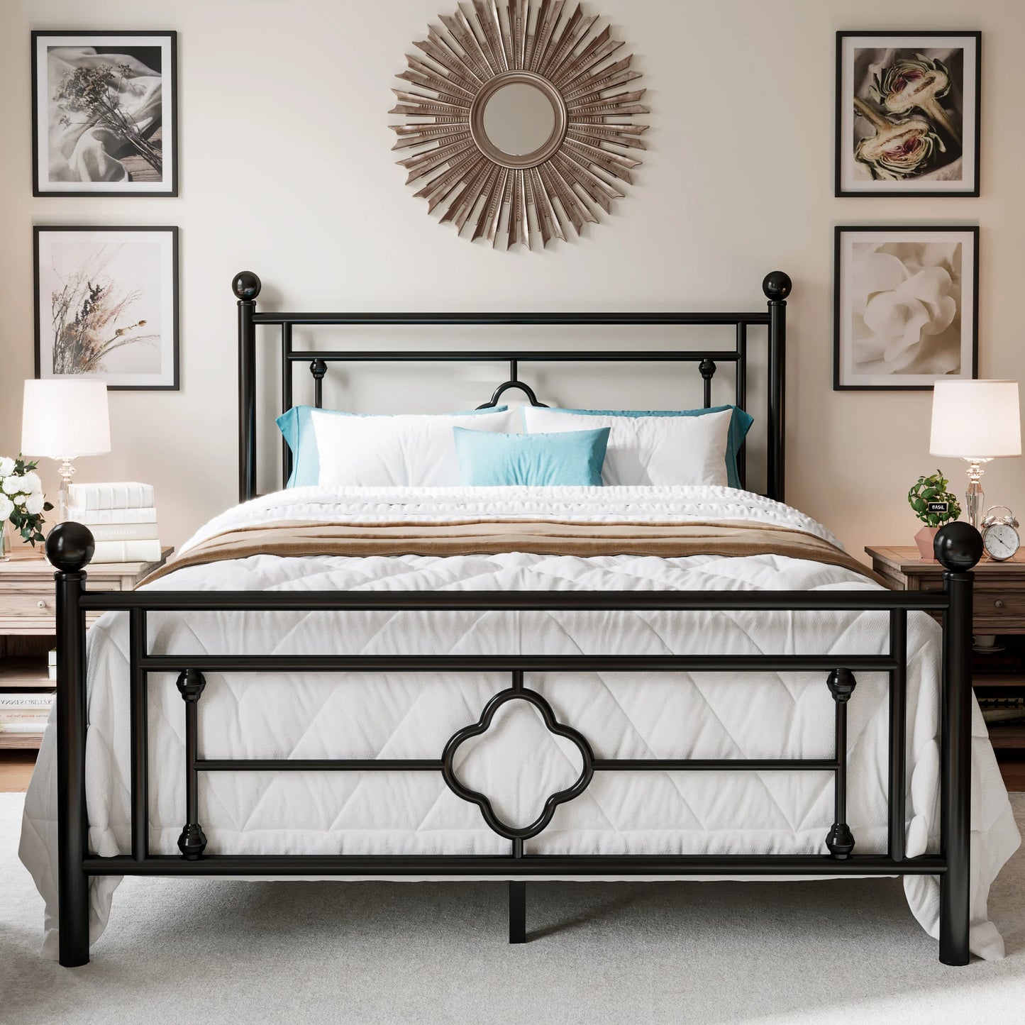 Vintage Victorian Style Metal Platform Bed Frame with Head & Footboard