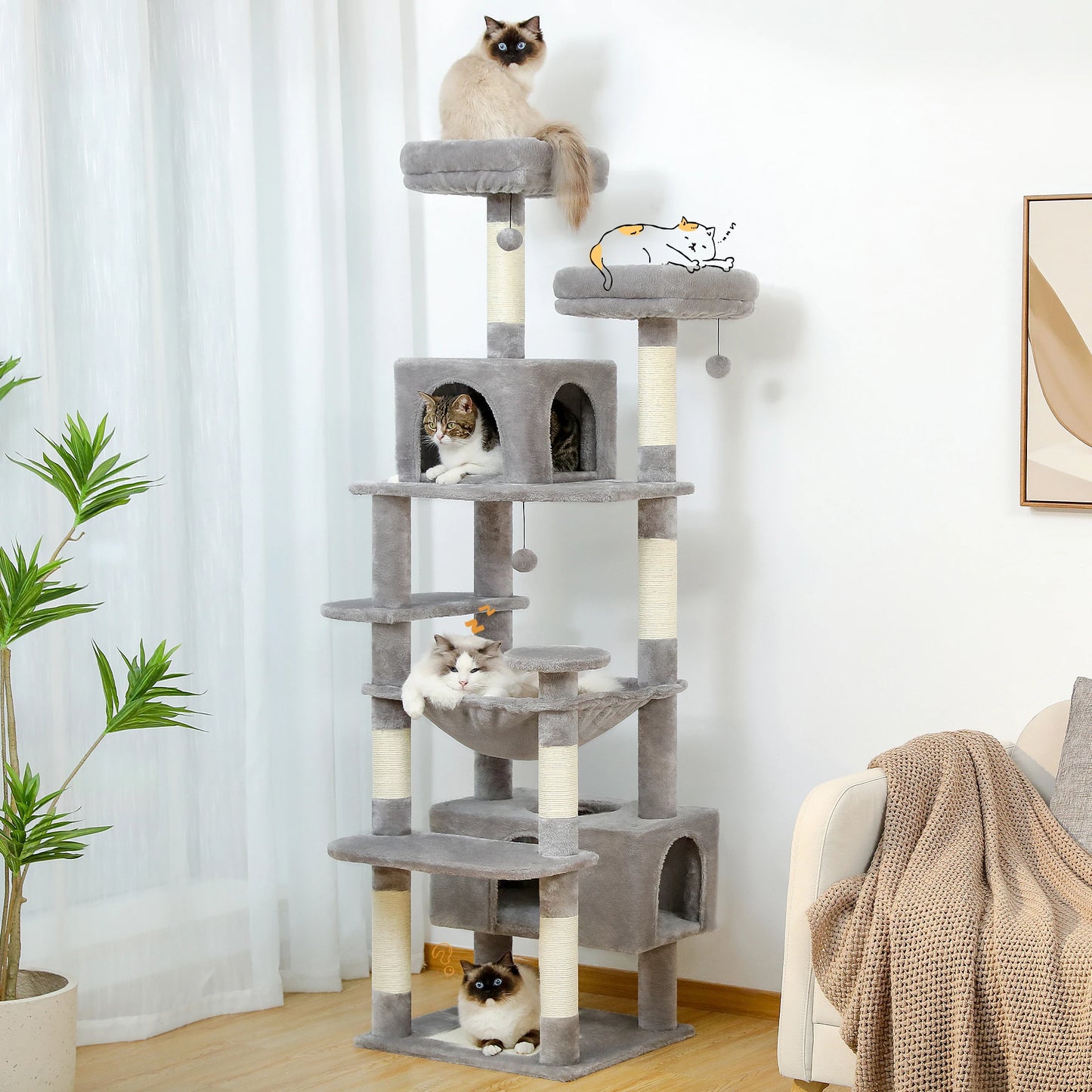 Large Cat Tree with Scratching Posts and Spacious Hammock
