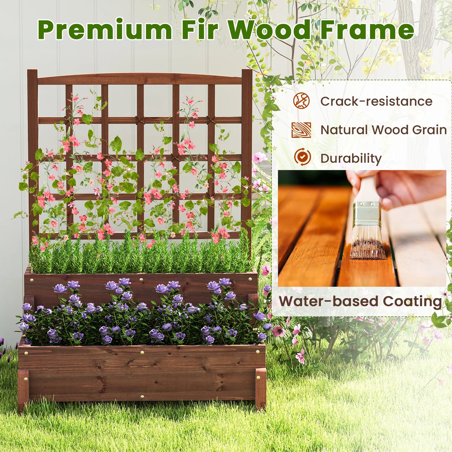 Raised Garden Bed w/Trellis, Drainage Holes, Legs, & Twisting Rope