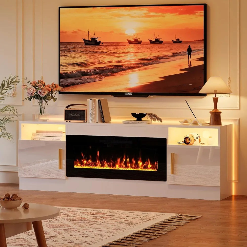 70'' TV Media Entertainment Center with Fireplace, Modern LED