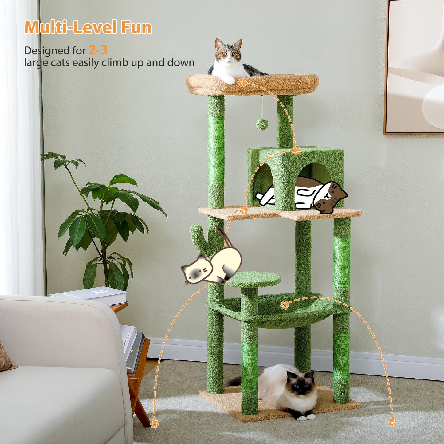 Cactus Tree Cat Tower with Hammock and Large Top Perch