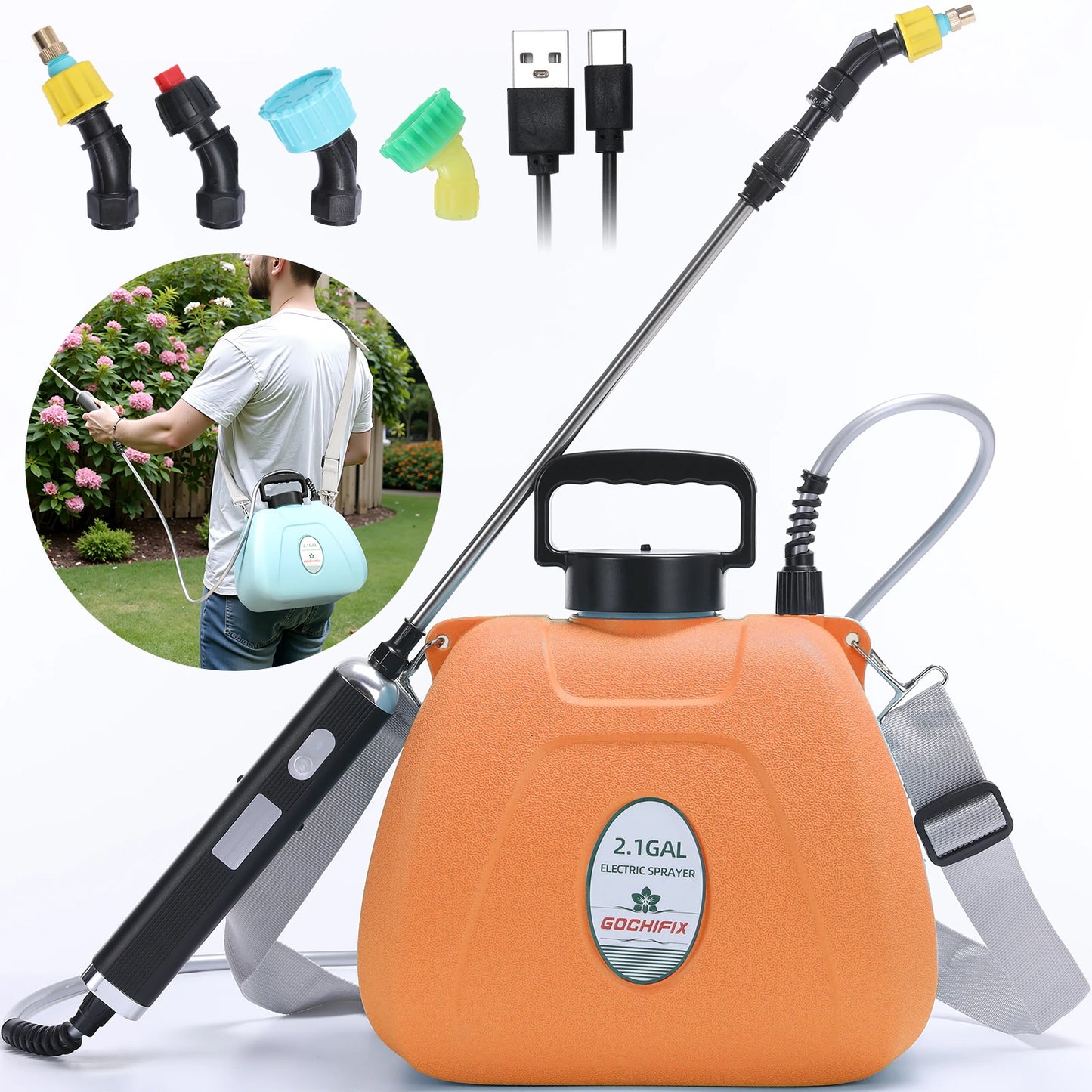 2.1 Gallon Electric Garden Sprayer w/Adjustable Shoulder Strap & 2000mAh Battery