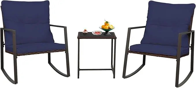 Patio Bistro Rocking Chair Set with Glass Coffee Table