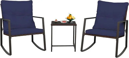 Patio Bistro Rocking Chair Set with Glass Coffee Table