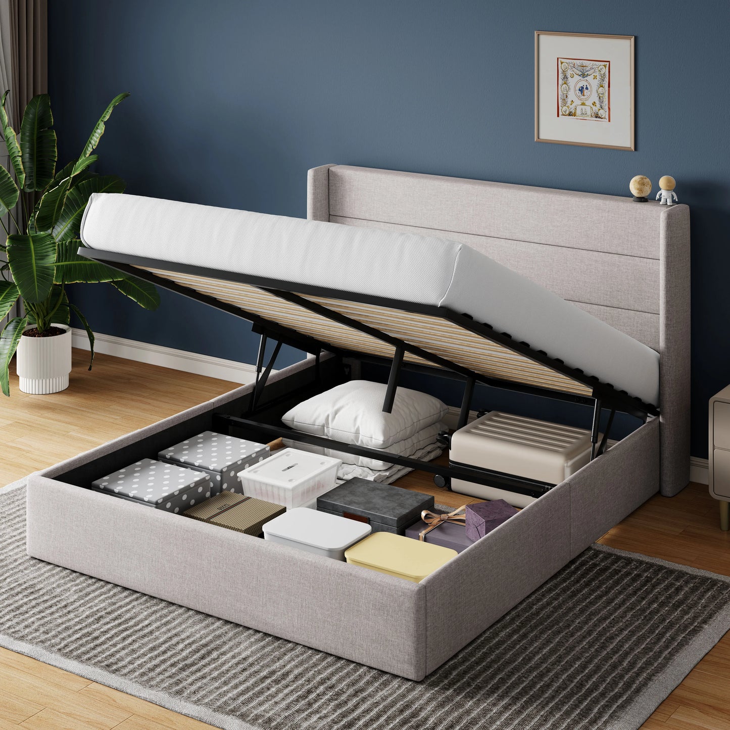Lift Up Hydraulic Storage Bed with Wingback Headboard