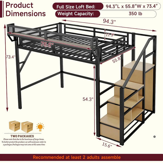 Full Size Metal Loft Bed w/Stairs, Shelf & Storage