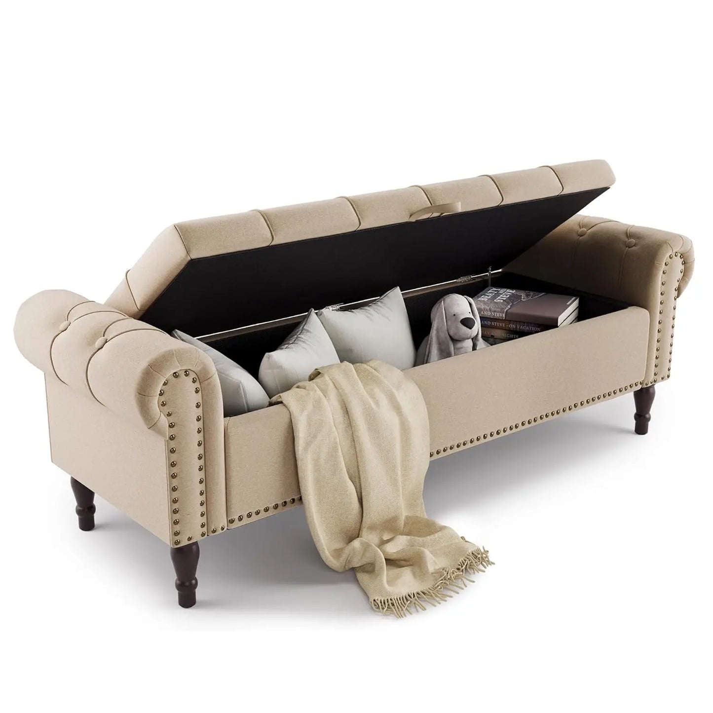 Rolled Arm Storage Bench Ottoman with Button Tufted