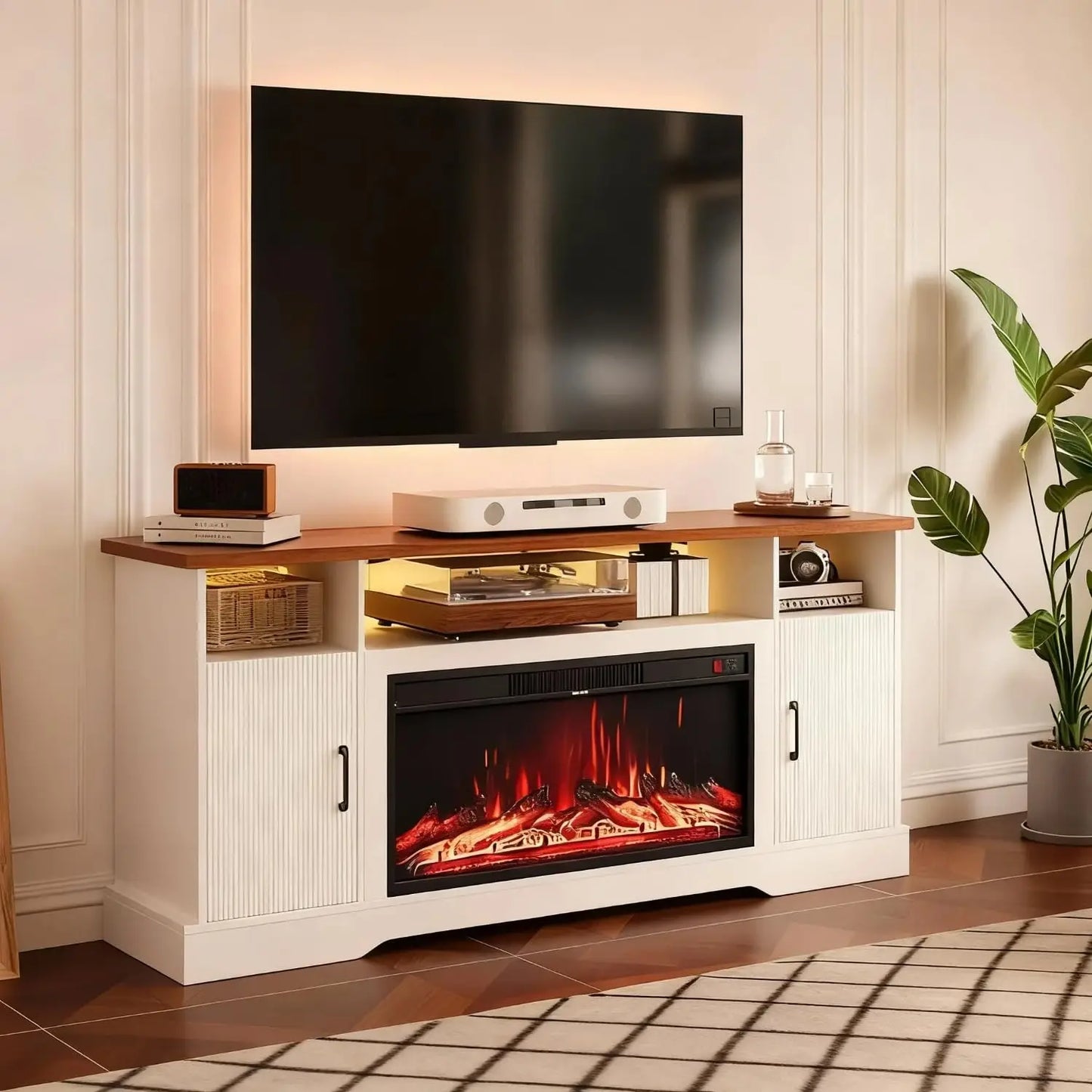 Farmhouse Fireplace TV Stand for up to 80 Inch TV, 70" Entertainment Center with Electric Fireplace & LED Strip,, Customized