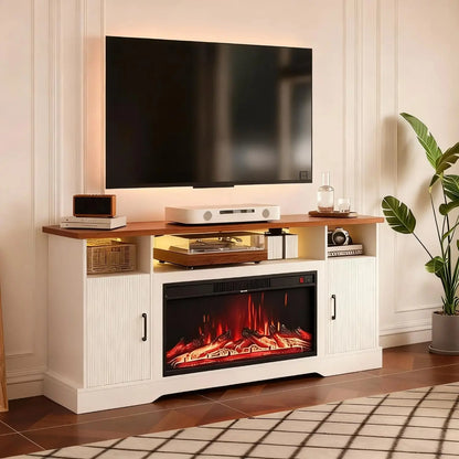 Farmhouse Fireplace TV Stand for up to 80 Inch TV, 70" Entertainment Center with Electric Fireplace & LED Strip,, Customized