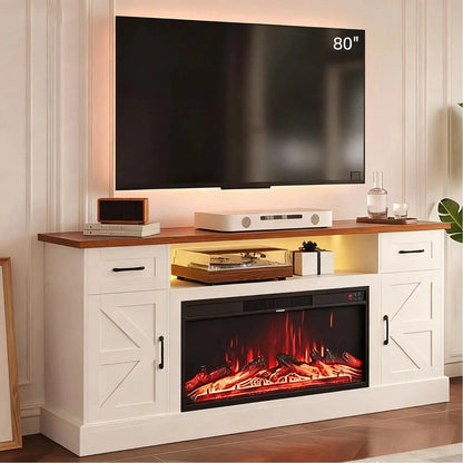 Farmhouse Fireplace TV Stand for up to 80 Inch TV, 70" Entertainment Center with Electric Fireplace & LED Strip,, Customized
