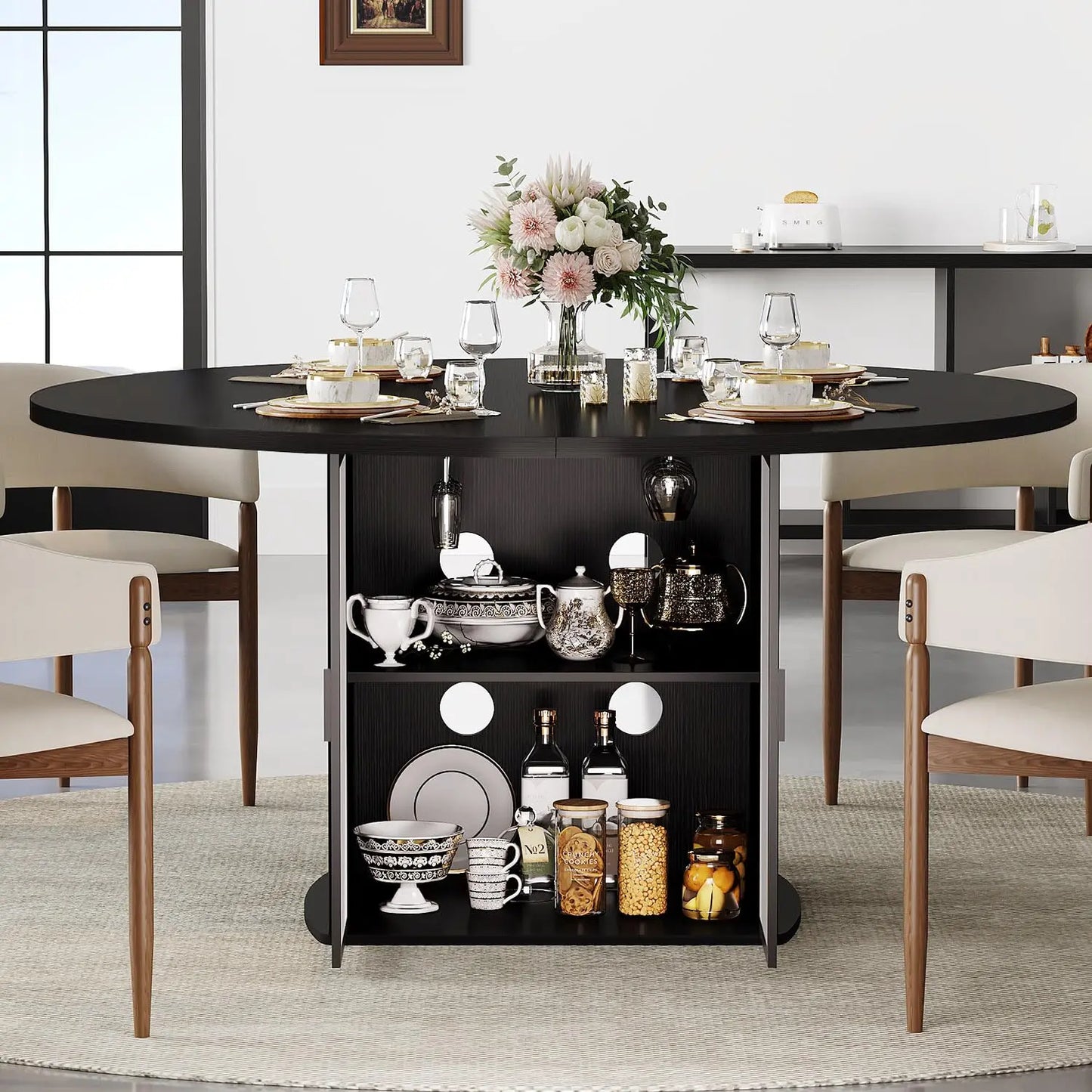 Black Round Dining Table with Storage Space