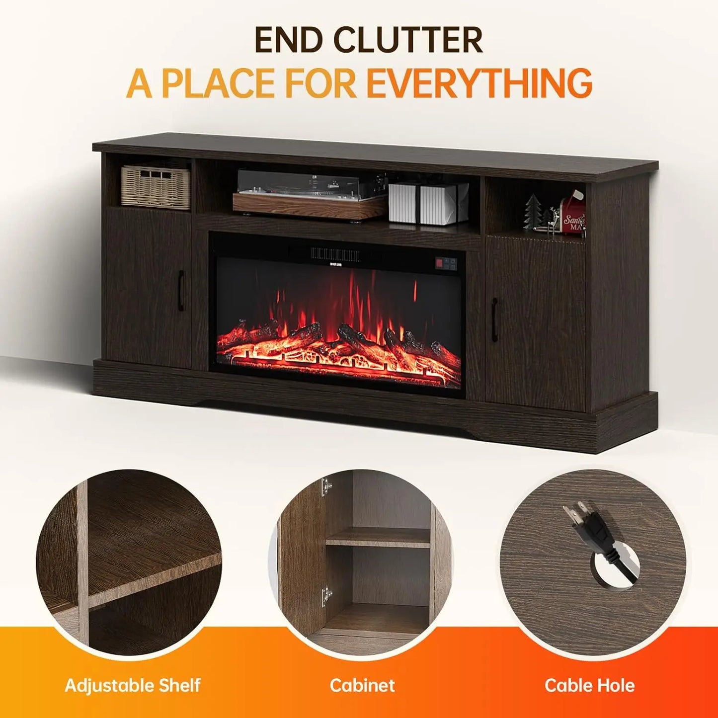 Farmhouse Fireplace TV Stand for up to 80 Inch TV, 70" Entertainment Center with Electric Fireplace & LED Strip,, Customized
