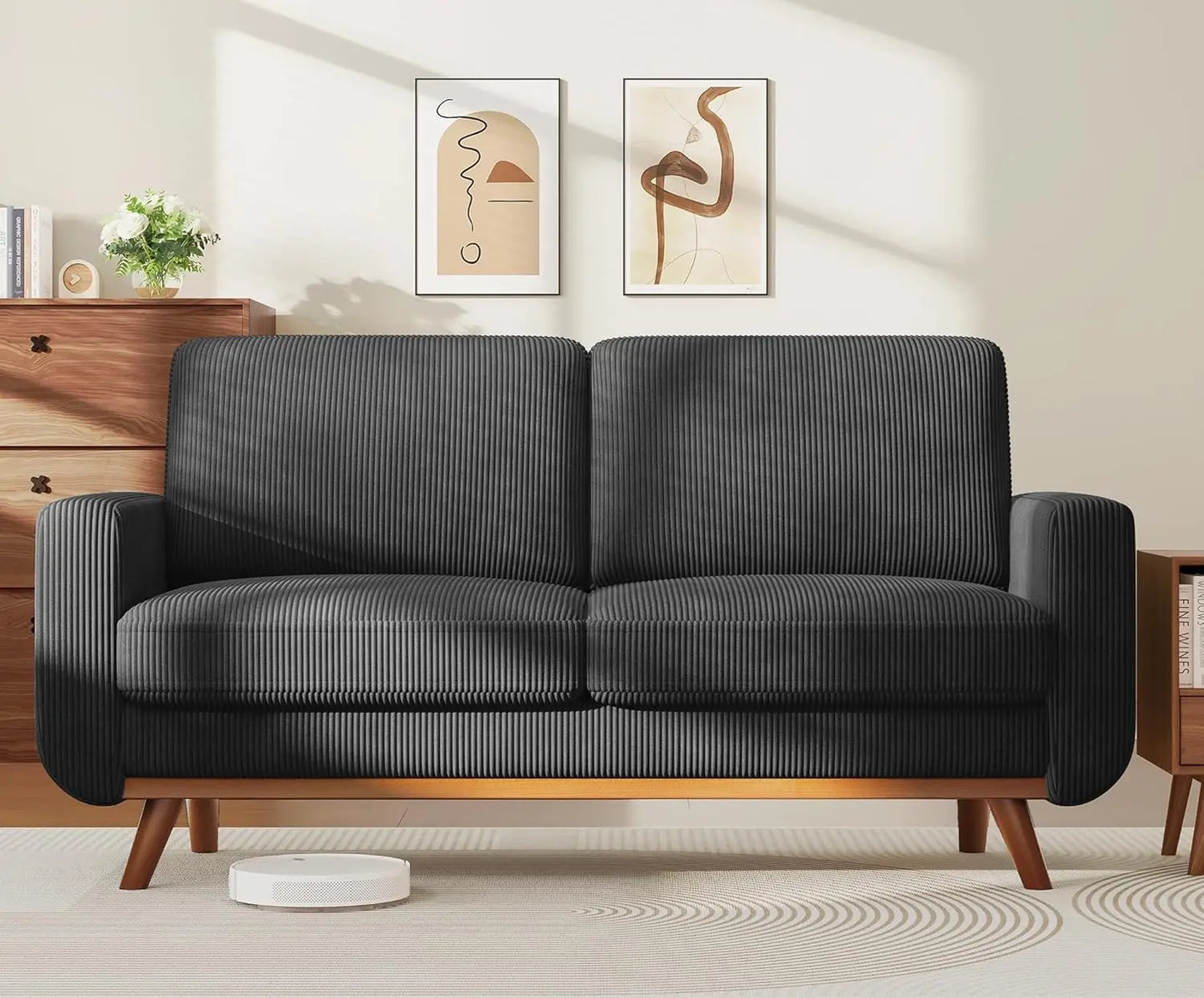 3-Seat Corduroy L-Shape Modular Sofa with Movable Ottoman,