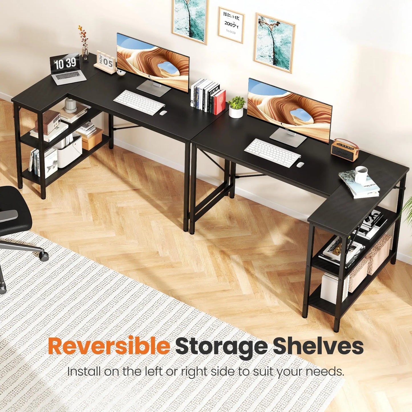 L Shaped Computer Corner Desk with Reversible Storage Shelves