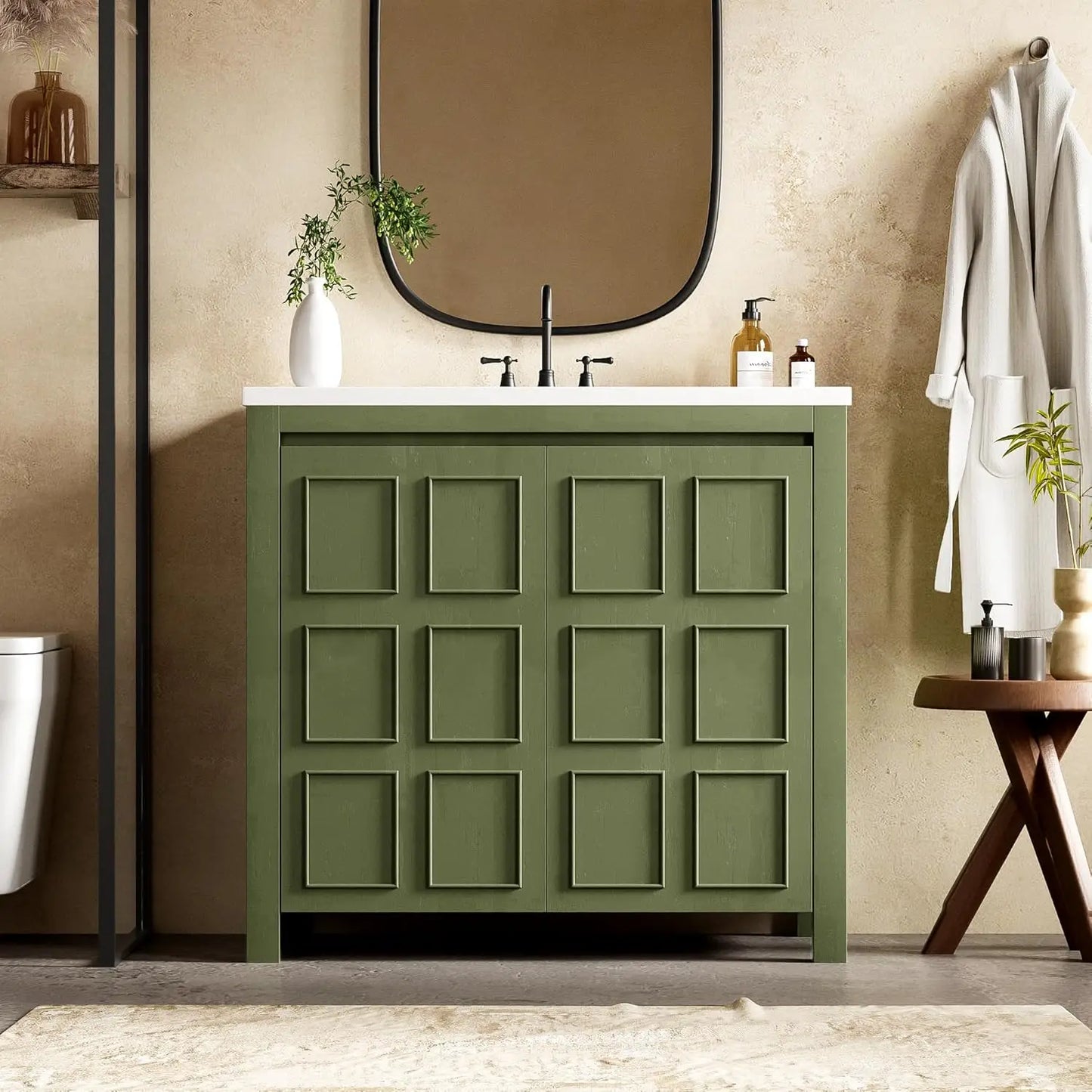 Freestanding Bathroom Vanity w/Sink, Wooden Cabinet, Adjustable Shelf, Ceramic Basin