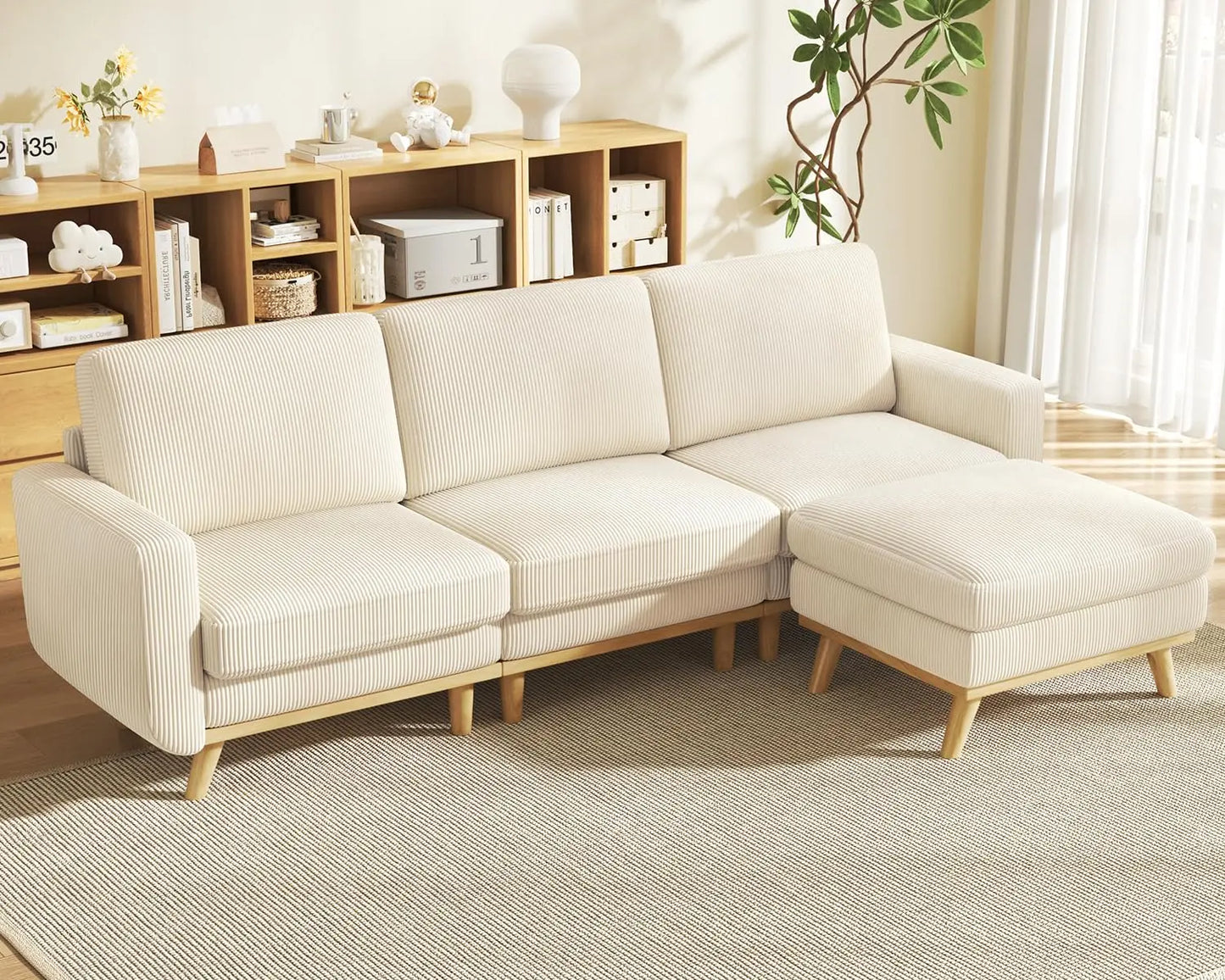 3-Seat Corduroy L-Shape Modular Sofa with Movable Ottoman,