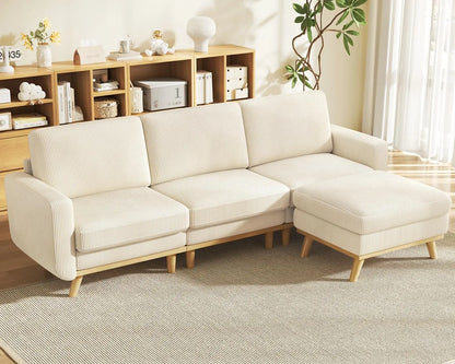 3-Seat Corduroy L-Shape Modular Sofa with Movable Ottoman,