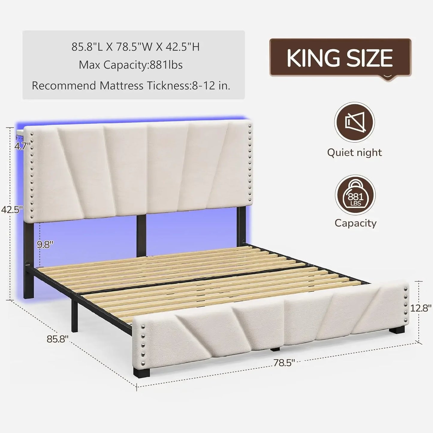 King Size Velvet Headboard, Platform Bed with LED Lights and Charging Station