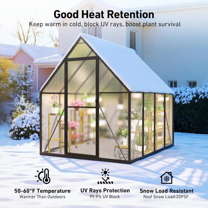 Small Polycarbonate Walk-in Greenhouse w/Vented Roof & Windproof Aluminum Frame