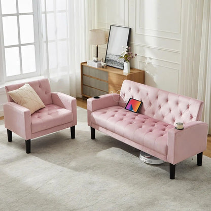 Mid-Century Modern Loveseat Sofa Set w/ 2 USB & 2 Cupholders