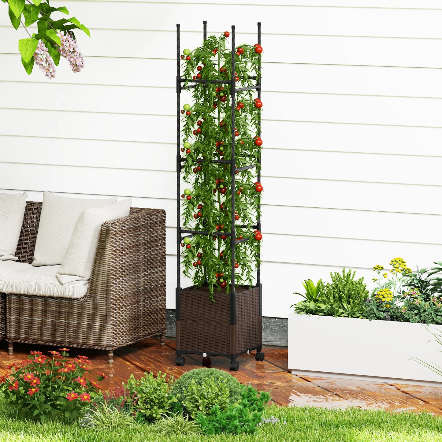 87" Tall Raised Garden Bed w/ Plant Box & Trellis Lockable Wheels