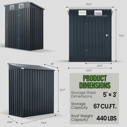 5x3 FT Metal Storage Shed w/Lockable Door, Anti-Corrosion, Sloping Roof