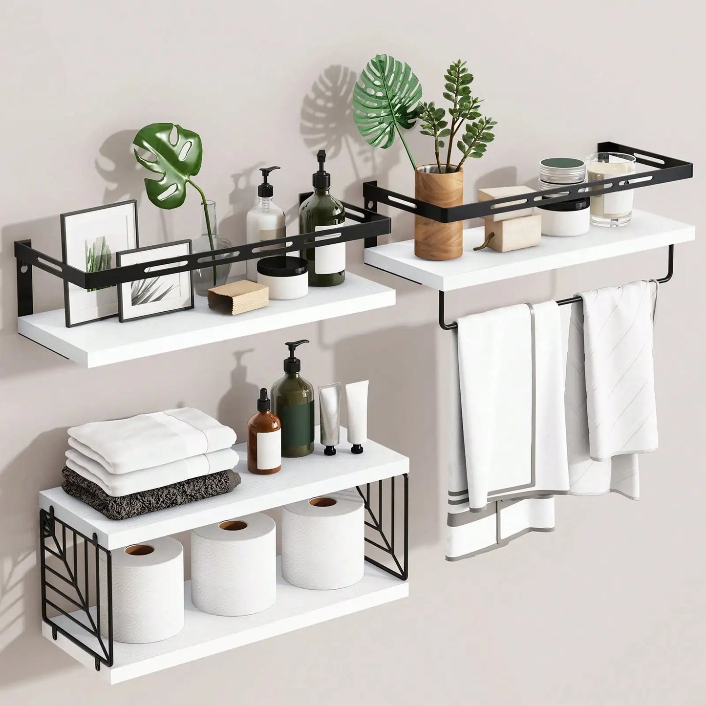 Rustic Wood Floating Shelves W/Metal Frame Towel Bar