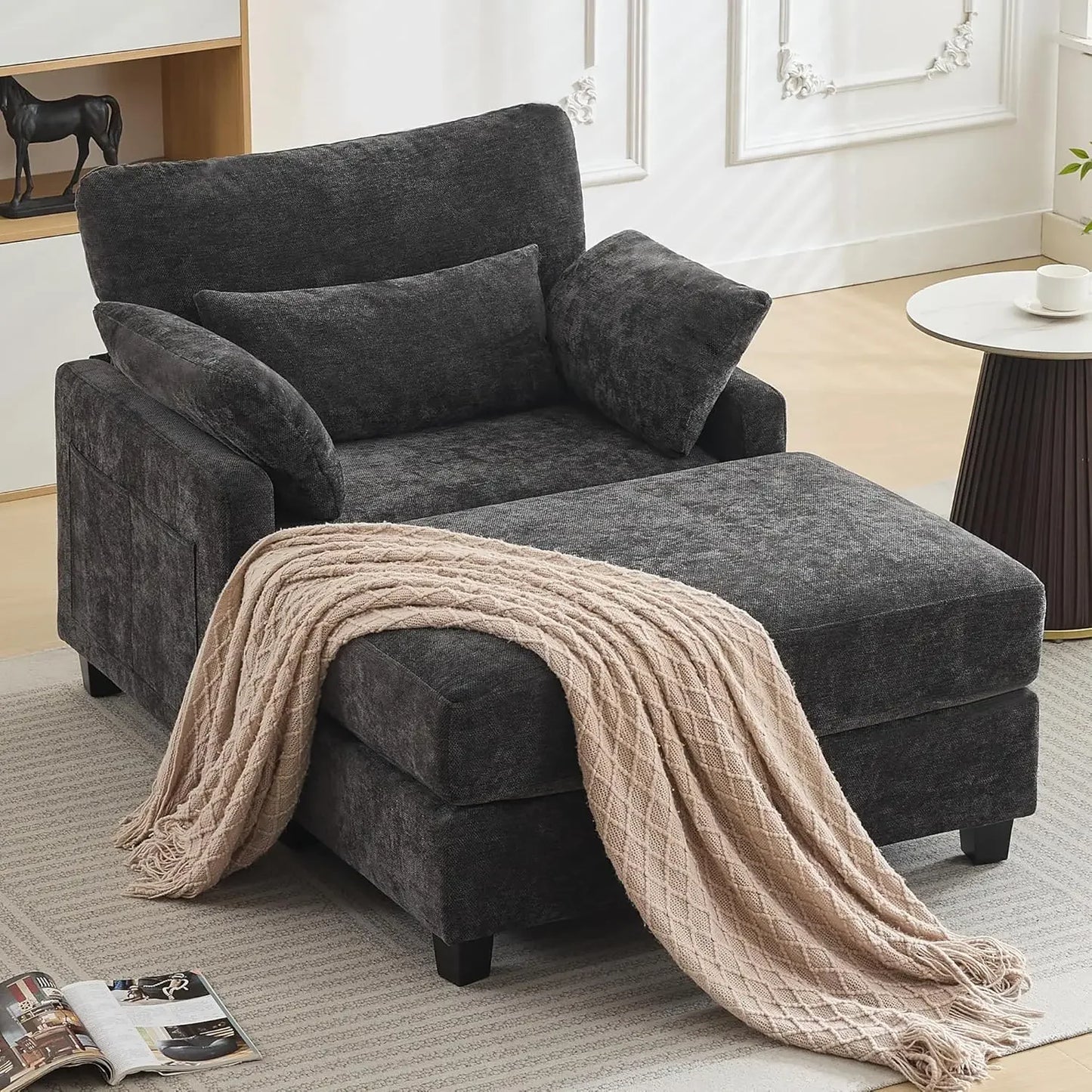 Oversized Chenille Chaise Lounge with Ottoman