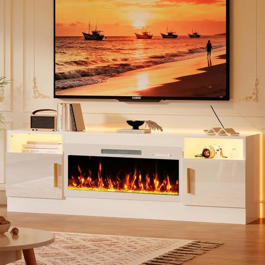 70'' TV Media Entertainment Center with Fireplace, Modern LED