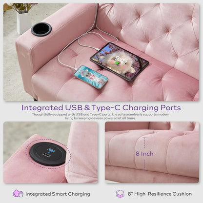 Mid-Century Modern Loveseat Sofa Set w/ 2 USB & 2 Cupholders