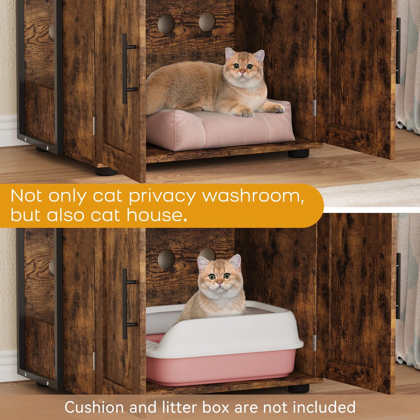 Cat Litter Box Enclosure w/2-Tier Storage Shelves & Doors