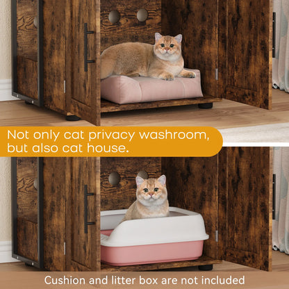 Cat Litter Box Enclosure w/2-Tier Storage Shelves & Doors
