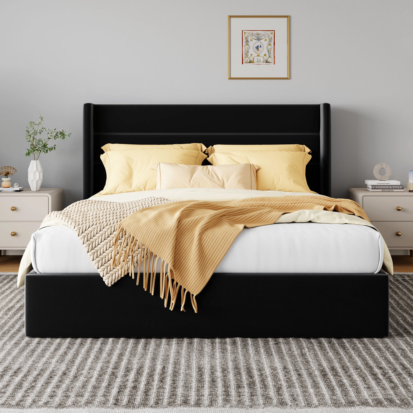 Lift Up Hydraulic Storage Bed with Wingback Headboard
