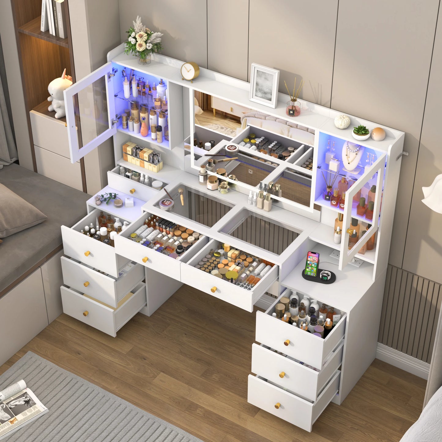 Large Vanity Desk with Mirror, Lights, and Charging Station