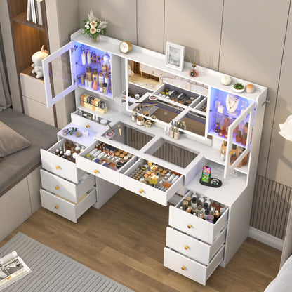 Large Vanity Desk with Mirror, Lights, and Charging Station