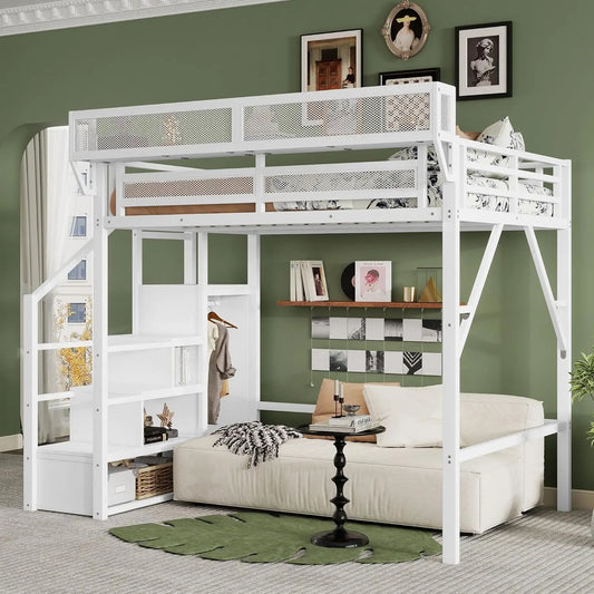Full Size Metal Loft Bed w/Stairs, Shelf & Storage