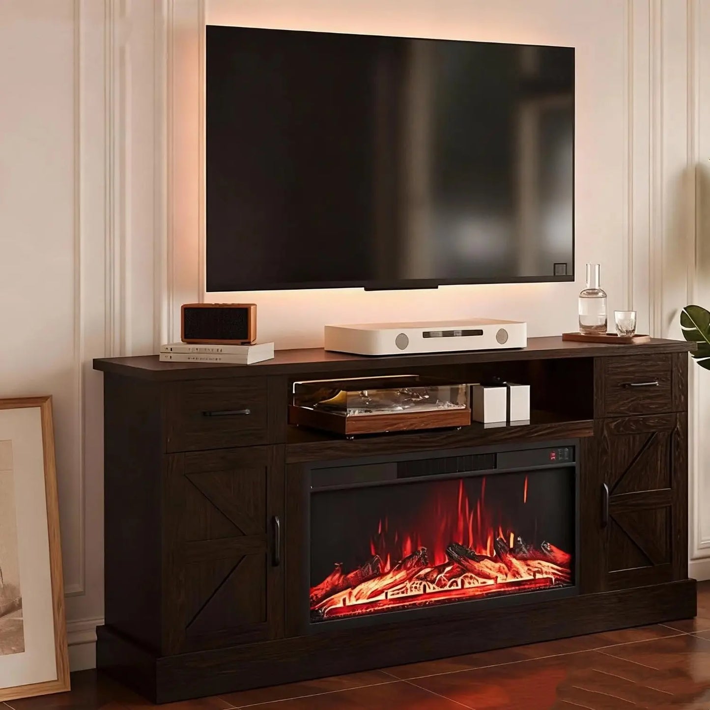 Farmhouse Fireplace TV Stand for up to 80 Inch TV, 70" Entertainment Center with Electric Fireplace & LED Strip,, Customized