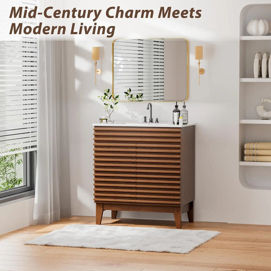 Mid-Century Freestanding Bathroom Vanity Cabinet w/Ceramic Sink & 2 Soft Closing Doors